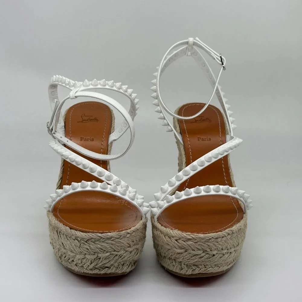 Christian Louboutin White Studded Espadrille Wedge Sandals